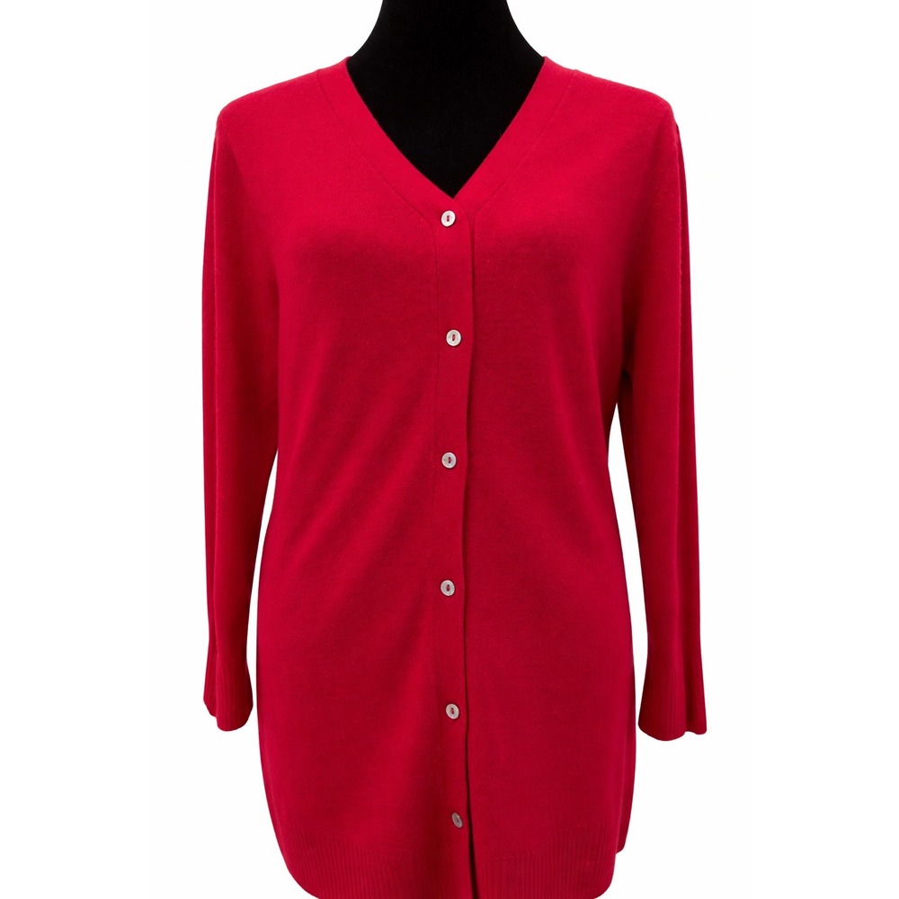 Precious Fibers Womens V-Neck Long Duster Cardigan Sweater Large Red Cashmere